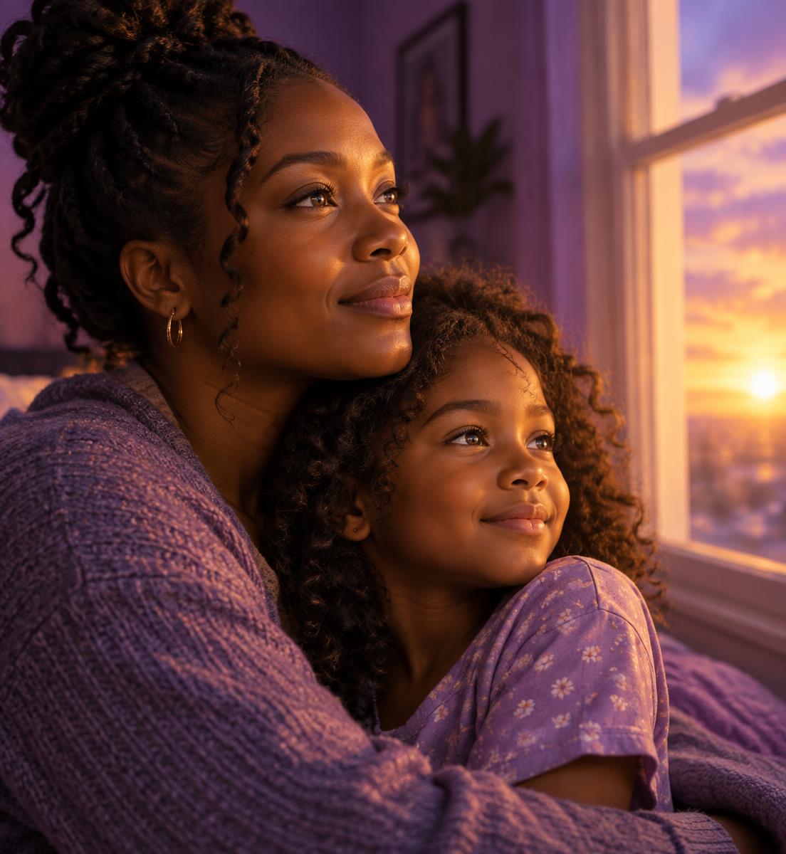 A mother and her young daughter share a quiet, hopeful morning by a window